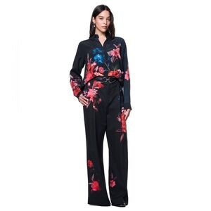 The Kit Moody Floral Print Wide-Leg Trousers - Black with Red & Blue Flowers